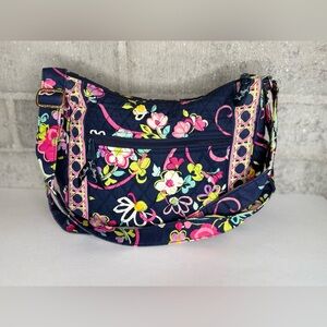 Vera Bradley Quilted Floral Crossbody Shoulder Bag Navy Pink, Zip Top Pocket